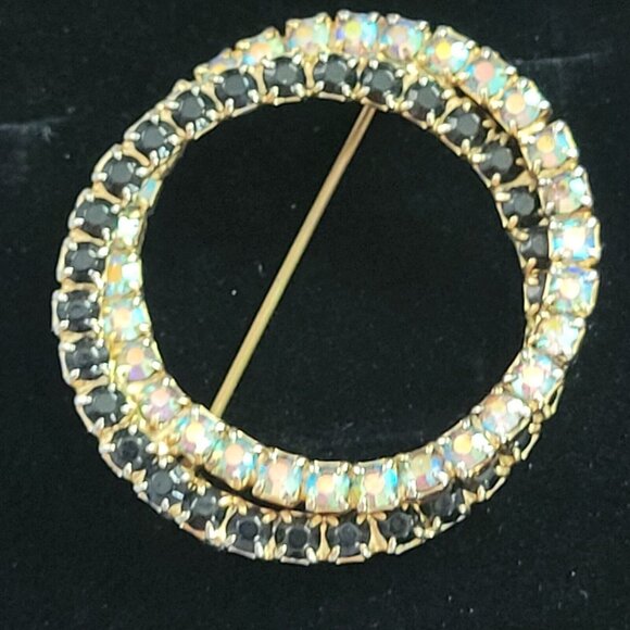 Vintage Goldtone Double Circle Black & AB Rhinestones Vtg Wreath Brooch Pin - Picture 1 of 5